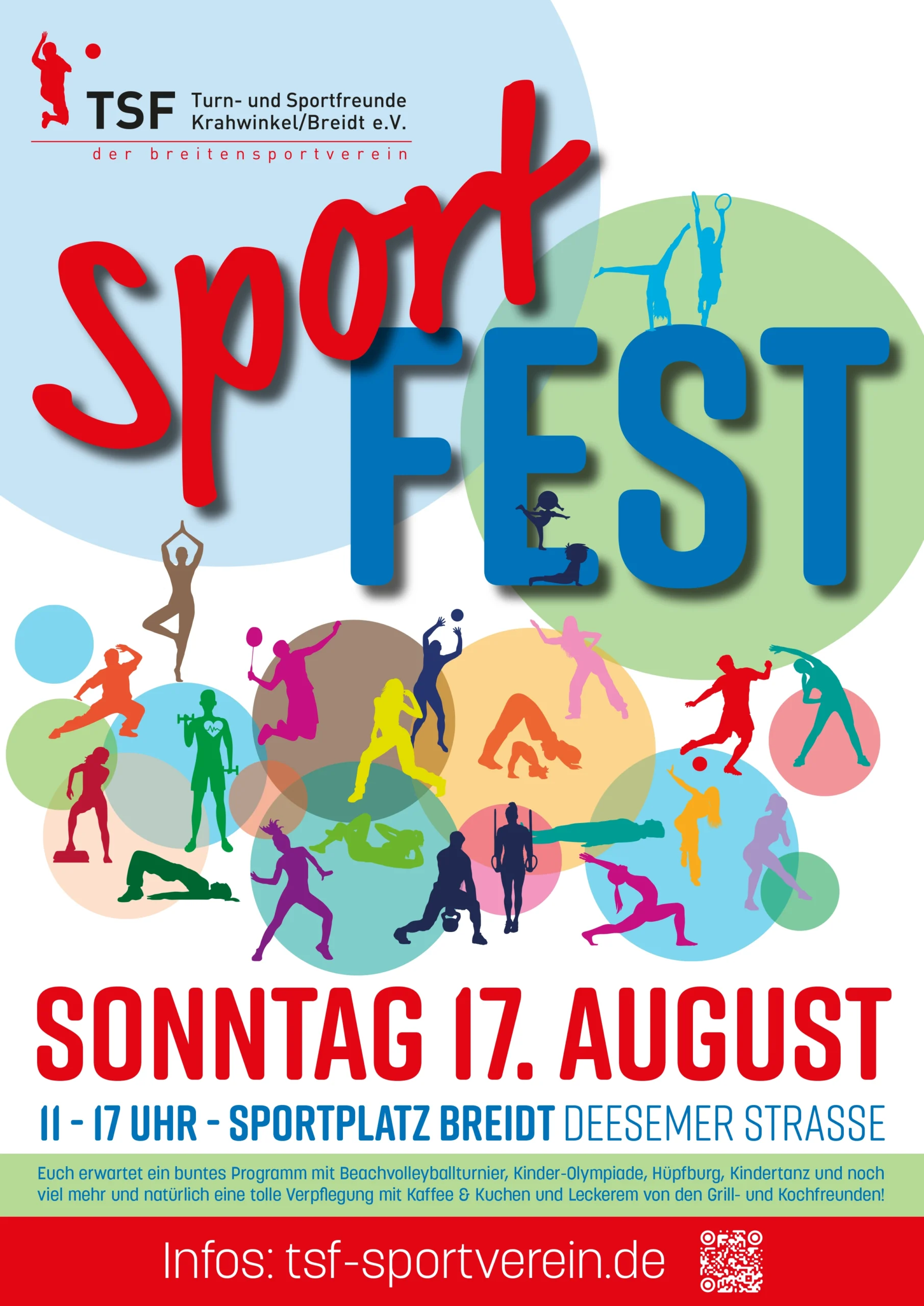 Plakat Sportfest TSF am 17. August 2025 mit buntem Programm und toller Verpflegung